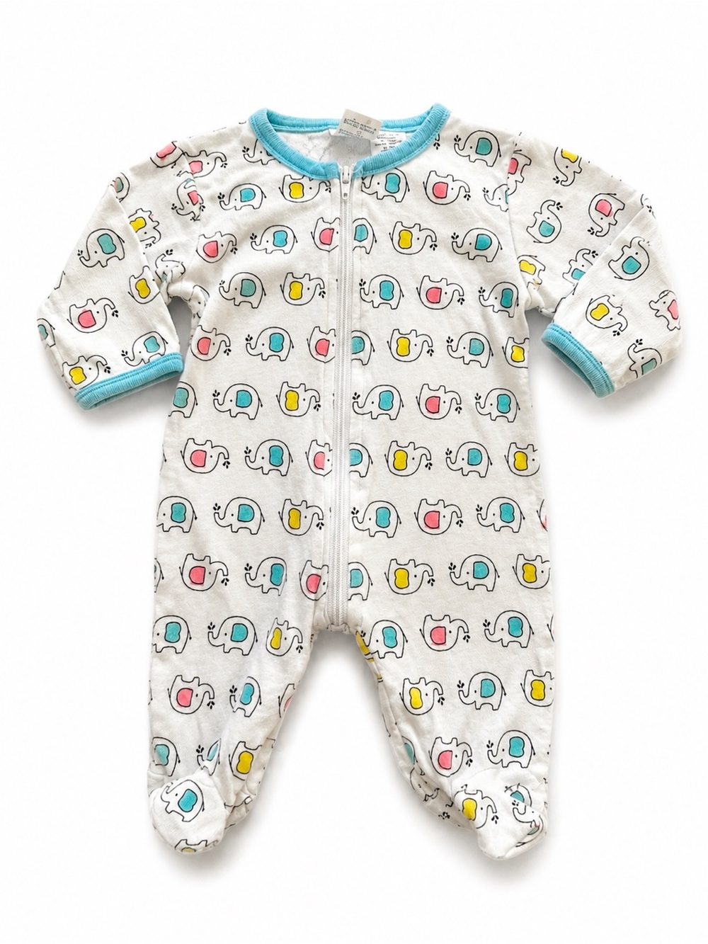 Baby Footed One-Piece with Pastel Elephant Print - White with Blue Trim